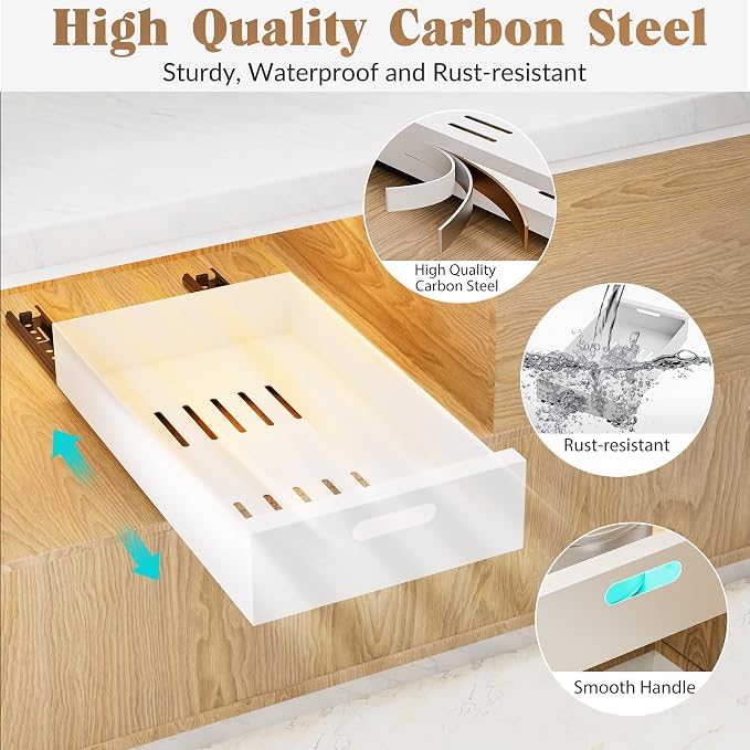 HBL' 1 Pack | 21" Deep Pull Out Cabinet Organizer Adhesive, 12-Inch Wide Sturdy Carbon Steel Roll-Out Drawers, Designed for Frameless Cabinets, Slide-Out Shelves for Pantry. - Image 4