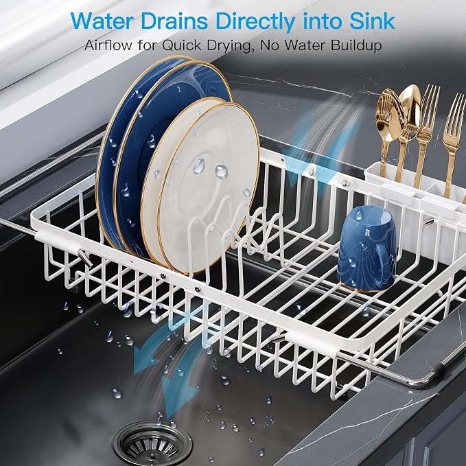 JASIWAY White Dish Drying Rack Over the Sink with Utensil Holder | Expandable Stainless Steel Dish Driainers for Small Kitchen, Counter Space Saving, Fast Drain, Rust Resistant, For Apartment - Image 6