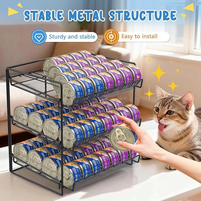 Cat Food Can Organizer 3-Tier Can Organizer for Pantry 84 Cans 3.5oz | Black metal 3-tier cat food can organizer,Holds 84 cans 3.5oz,Adjustable pantry countertop storage for kitchen cabinet - Image 2