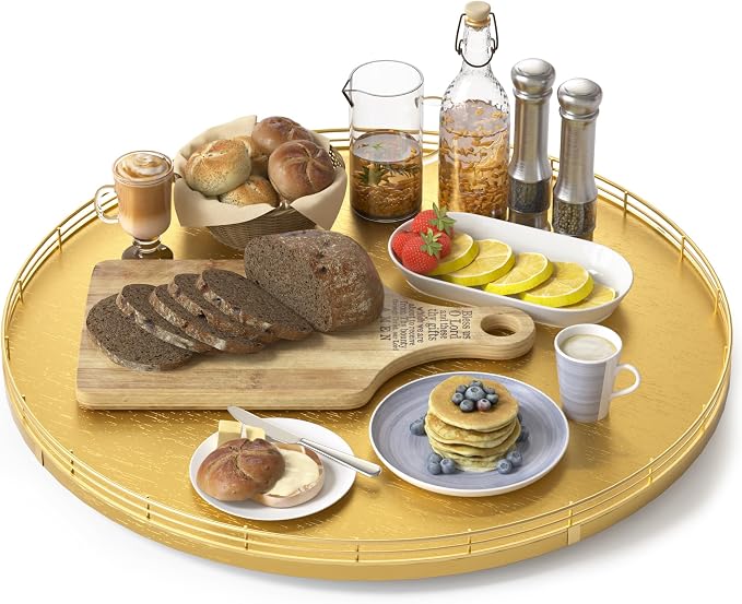 Oroyutor 18-Inch Oak Lazy Susan Organizer with Gold Metal Rail | Oak wood base, gold metal rail and smooth 360-degree rotation for dining tables, kitchen counters and spice storage. by Oroyutor