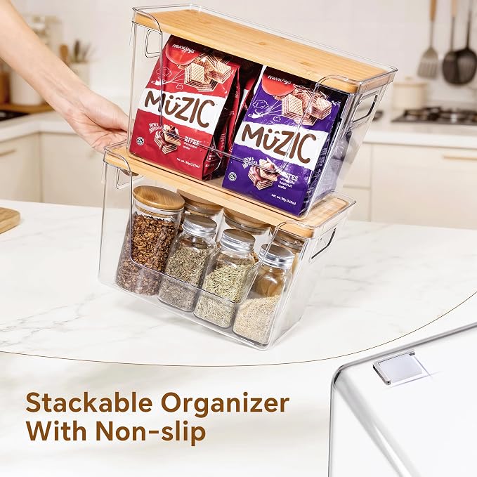 4 Set Pantry Organizers and Storage with Bamboo Lids, Stackable Clear Bins for Onion, Potato, Fruit, Vegetables, Trash Bag Dispenser, Kitchen and Under Sink Organizer - Image 8