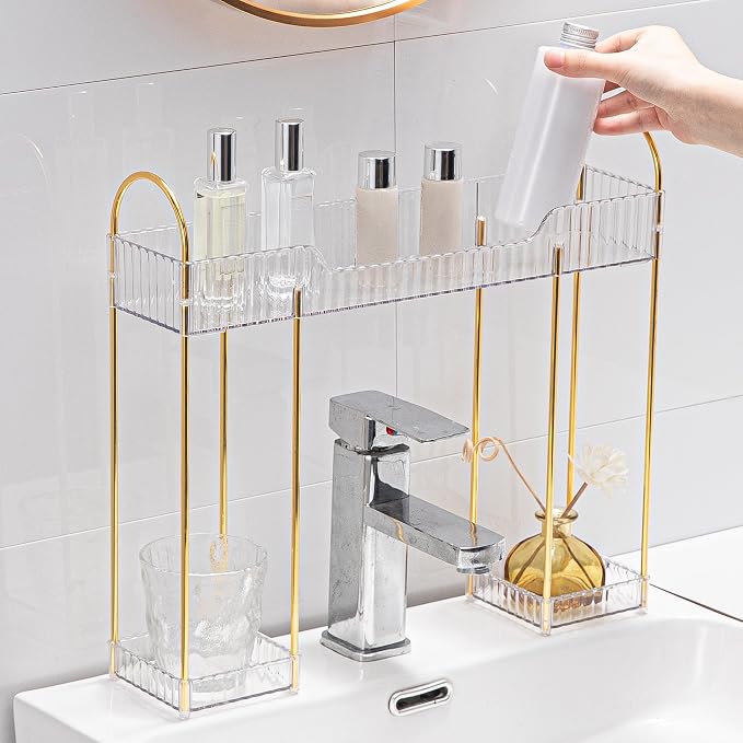 YCIA&DONE Bathroom Countertop Organizer Over the Faucet, Narrow Counter Organizers Above Sink, Table Mounted Shelf for Kitchen, Toilet, Laundry(White Clear) - Image 5
