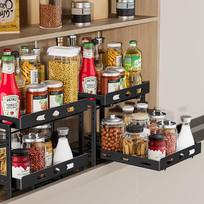 BOIVSHI Pull Out Spice Rack for Cabinet, 11.9''Wx10.8''Dx9.2''H | 2 Tier Kitchen Spice Shelf, Vertical Spice Organizer for Pantry, Height Adjustable, Individually Sliding Metal Shelves, Black - Image 2