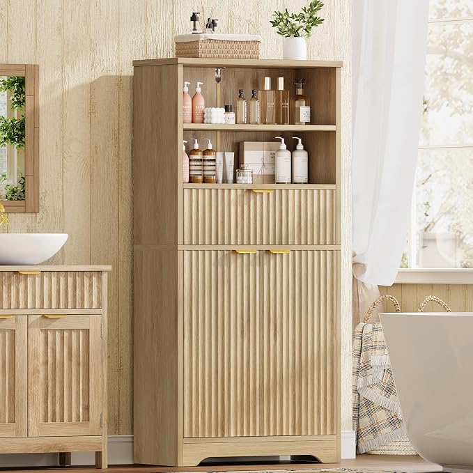 Tall Storage Cabinet with Adjustable Shelf & Drawer, Fluted Cabinet with Doors, Kitchen Pantry Cabinets, Bathroom Storage Cabinets, for Living Room, Entryway, Home Office, Natural - Image 6