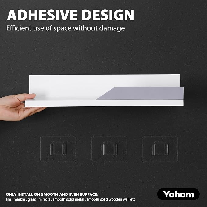 YOHOM Adhesive White Floating Shelves Bathroom Wall Organizer Shower Caddy No Drilling Display Ledge Shelf Rack for Home Decor 2PCS - Image 3
