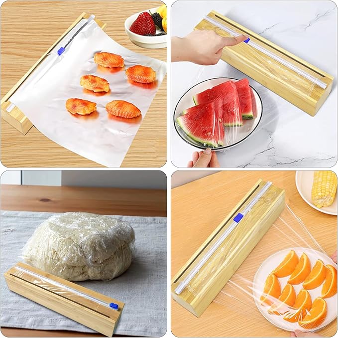 Uncle Jack Plastic Wrap Dispenser with Slide Cutter, Fit 13'' Rolls, Bamboo Aluminum Foil Dispenser with Cutter for Wax Paper, Saran Wrap - Image 2
