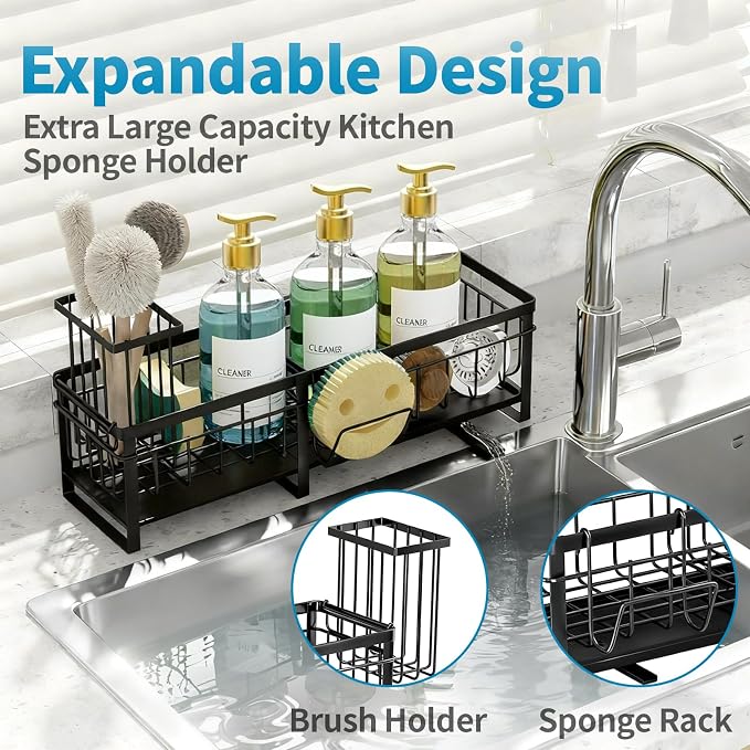Extra Large Extendable Sponge Holder for Kitchen Sink Caddy Organizer | Rustproof Sink Caddy Organizer with High Brush Holder, Dish Soap Dispenser Organizers and Storage (Black) - Image 4
