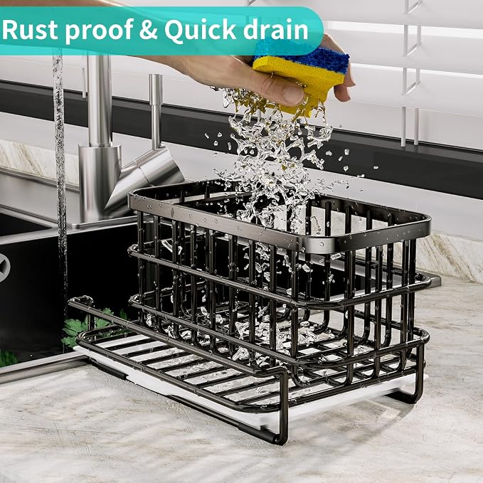 HapiRm Kitchen Sink Organizer, SUS304 Stainless Steel Rustproof Multifunctional Sink Caddy with Sponge Holder and Drain Tray for Kitchen Countertop (Black) - Image 2