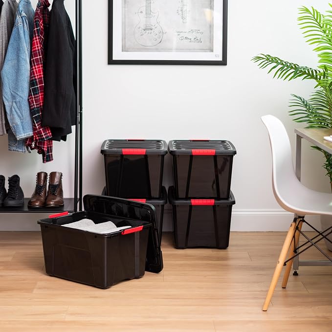 IRIS USA 4-Pack 40 Quart Storage Bins with Lids, Black | Black finish conceals stored items. Perfect for moving, blankets, clothing, and garage storage. Nestable design saves space - Image 4
