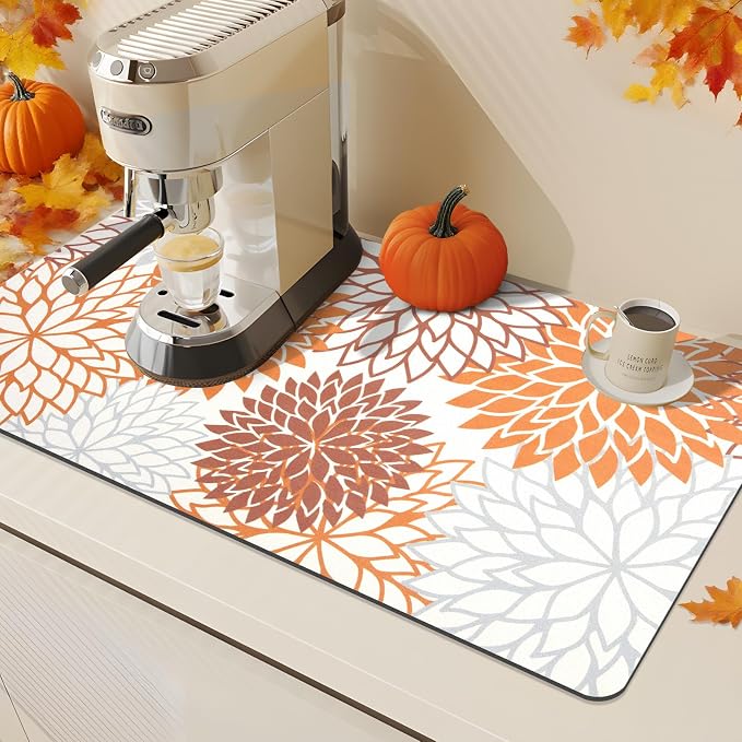 Findosom 2PCS 17" x 32" Fall Dish Drying Mat & 24" x 5.5" Sink Splash Guard, Super Absorbent & Cuttable Dish Mat Drying Kitchen Mat with Orange Floral, Hide Stain Drying Mat for Kitchen Counter - Image 5
