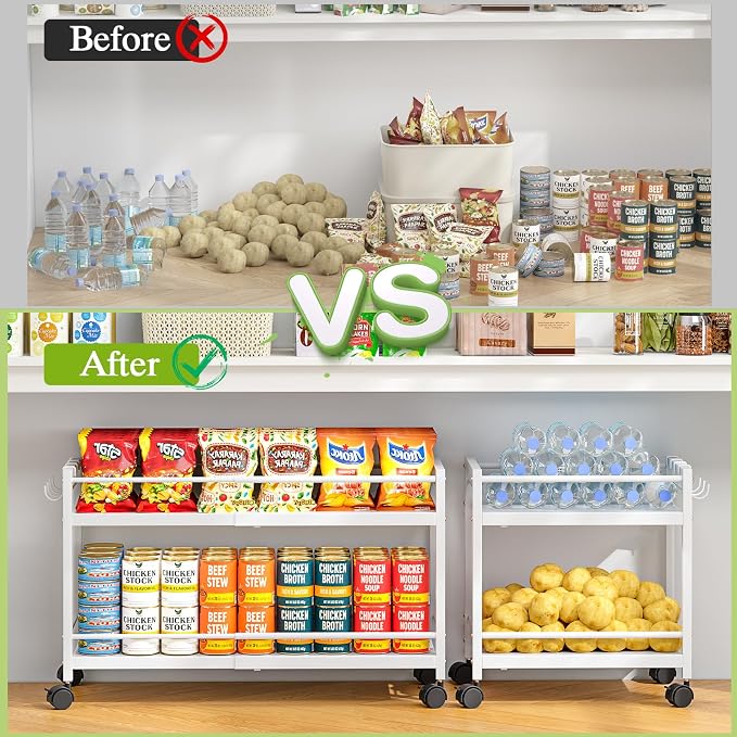 1 Pack 2-Tier Expandable Pantry Floor Organizer Cart, Rolling Pantry Storage Cart with Wheel, Adjustable Can Organizer for Kitchen Pantry, Pantry Shelves and Storage Rack for Snacks, Vegetables, White - Image 5