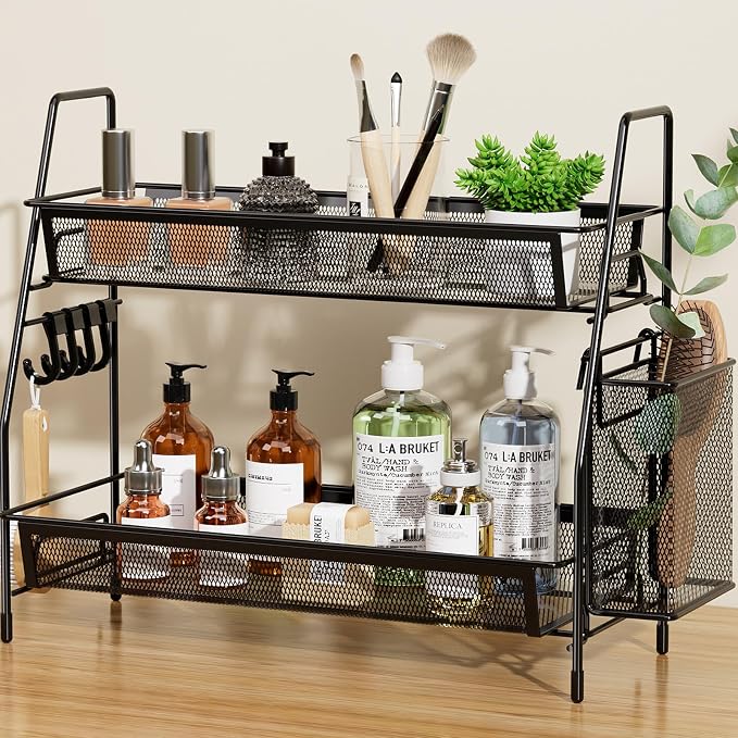 VITVITI 2 Tier Bathroom Countertop Organizer, Vanity Storage Shelf, Black | Bathroom Counter Organizer, Vanity Makeup Tray Shelf, Kitchen Spice Rack, Metal Wire Mesh, with Basket Hooks by VITVITI