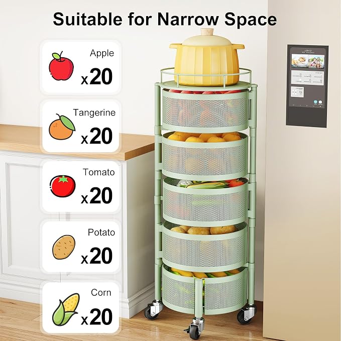 SAYZH 5 Tier Fruit Vegetable Basket Stand for Kitchen, Rotating, Green | Rolling Storage Cart with top lid, Large Metal Wire Rack for Potato and Onion Storage - Image 7