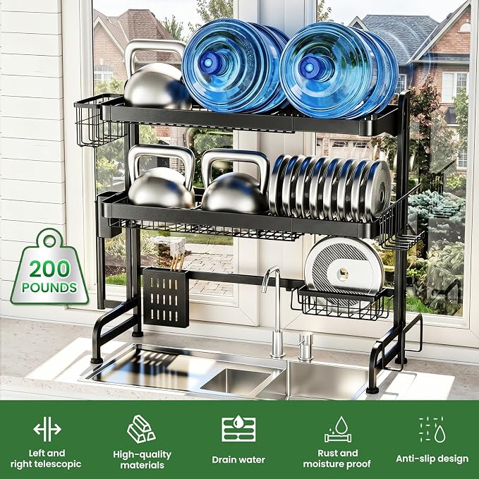 Over The Sink Dish Drying Rack, Adjustable 3 Tier Large Capacity Stainless Steel Drainer with Cutlery/Utensil/Cup Holder Hooks, Kitchen Storage & Organization, 25"-38" L x 11" W x 37.5" H, Black - Image 4