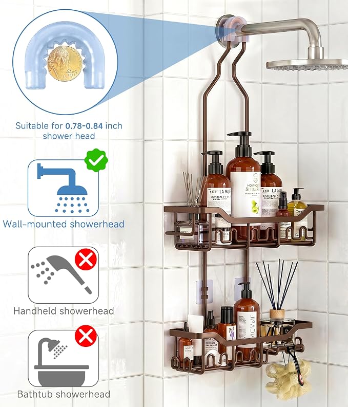Upgraded Extended Length Shower Organizer with Hooks, Rustproof Shampoo Soap Holder, Large Hanging Bathroom Caddy, Brown - Image 4