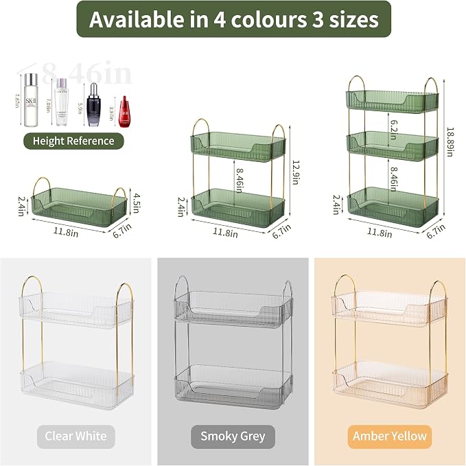 Akinbas 2 Tier Bathroom Organizer Countertop Makeup Perfume Tray Skincare Organizer for Bathroom Dresser Vanity (Green) - Image 2