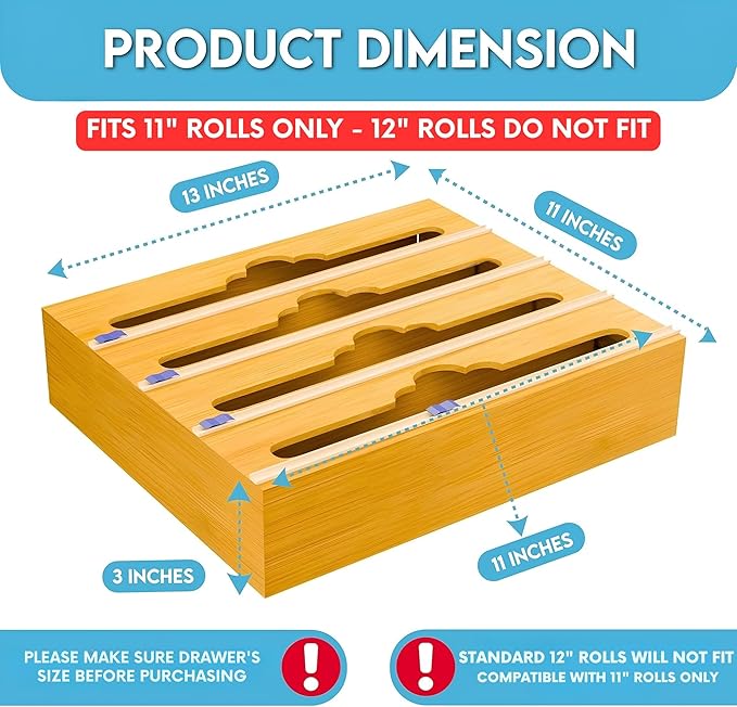 Bamboo Aluminum Foil Organizer & Plastic Wrap Dispenser with Cutter for 11" Rolls - 4 in 1 Parchment, Wax Paper & Saran Wrap Holder - Tin Foil Wrap Organizer for Kitchen Drawer, Countertop & Pantry - Image 2