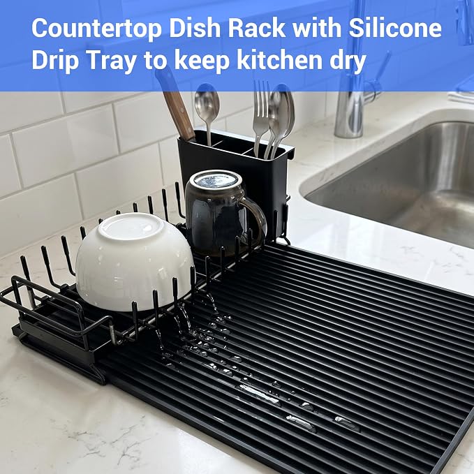 Expandable & Collapsible Dish Drying Rack for Over The Sink and in Sink, Stainless Steel with Silicone Drip Tray, Space Saving Adjustable Dish Rack for Small Kitchen, Apartment & RV - Image 3