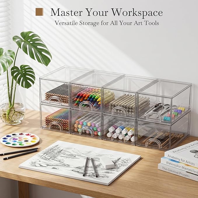 8 Pack Small Clear Stackable Acrylic Storage Boxes & Drawers | Storage Organizer, Clear Plastic Makeup Organizer, Ideal for Vanity, Cabinet, Desk Organization, Art Tool & Sketch - Image 3