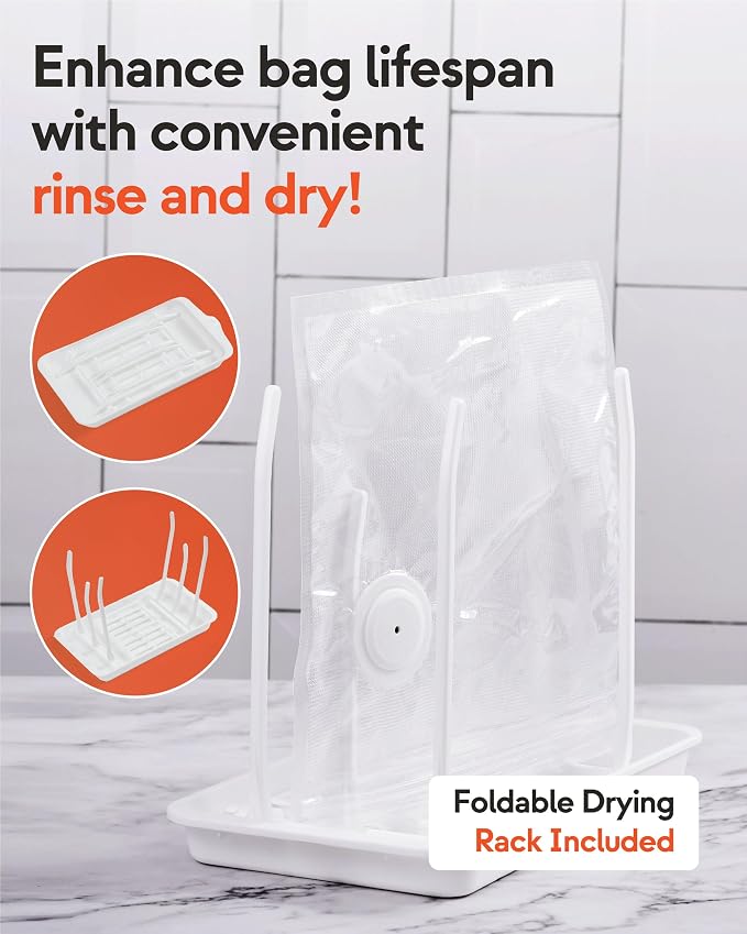 GIRAFFYCO Compact Handheld Vacuum Sealer Set with 30 Reusable Bags | 30 S/M/L Reusable Bags, 10 pc Each Size, Foldable Drying Rack, Gift Set for Meal Prep, Freezer Storage & Sous Vide - Image 5