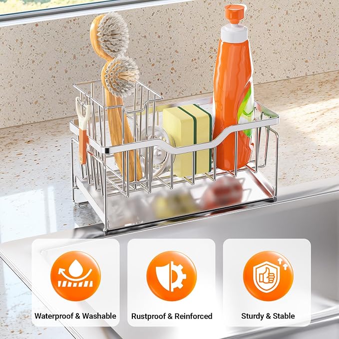 StorageRight Sponge Holder for Kitchen Sink, Sink Caddy Organizer, Silver | Rustproof Kitchen Sink Organizers with High Brush Holder & Self Drain Tray, Anti-Slip Kitchen Countertop Storage Essentials - Image 3