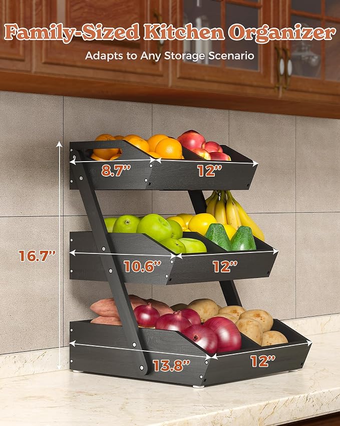 3-Tier Bamboo Fruit Basket with 2 Banana Holders Black | Large tiered organizer for bread, snacks, veggies. Sturdy bamboo, includes mats & dividers. Easy to assemble. - Image 9