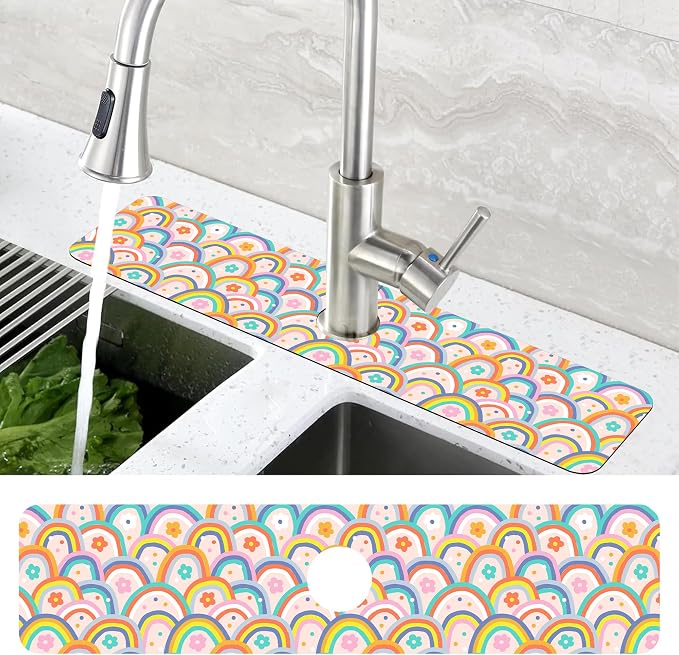Boho Rainbow Hippie Floral Kitchen Sink Splash Guard Mat Absorbent Fast Drying Mat Faucet Draining Mat Sink Splash Guard Behind Faucet Drip Catcher for Kitchen Bathroom 5.5"×24" - Image 4