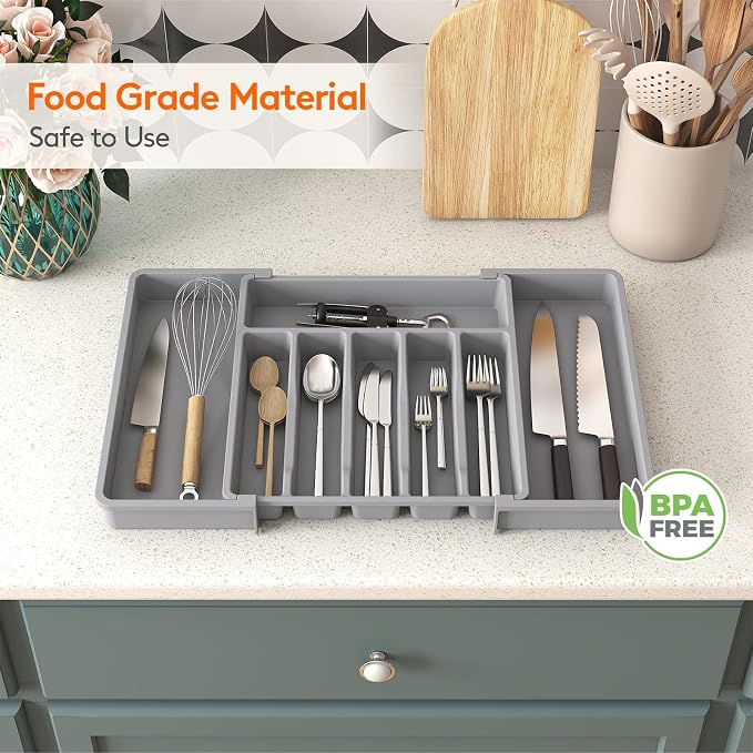 Lifewit Extra Large Silverware Drawer Organizer, Expandable Utensil Tray | BPA Free Flatware Cutlery Holder for Kitchen, Adjustable Plastic Storage for Spoons Forks Knives, 13-22 x15, Gray - Image 8