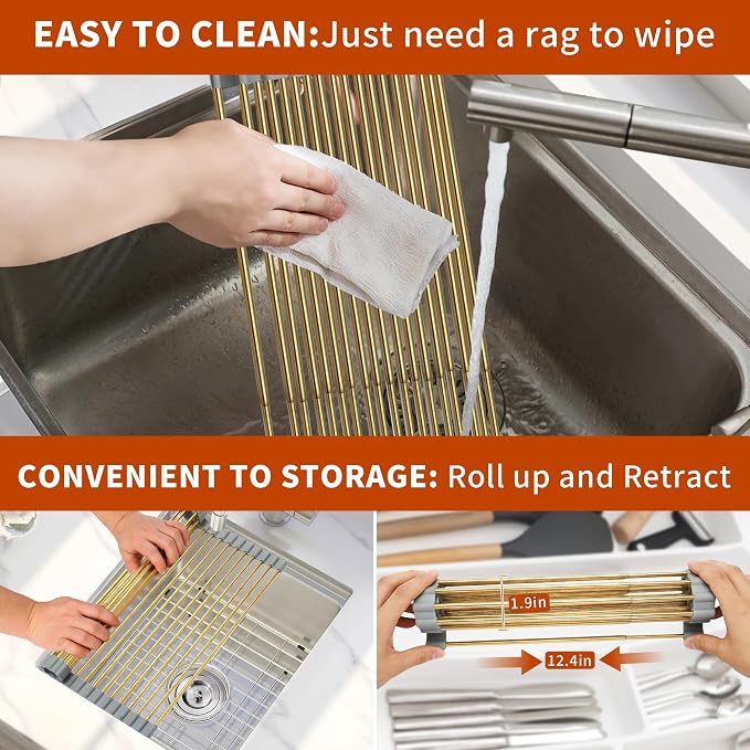 Golden Expandable Roll-UP Dish Drying Rack-Large 304 Stainless Steel Dish Drainer Over The Sink for Kitchen Countertop,Extendable & Rollable & Food Grade (Gold,22.08'x 13.2') - Image 6