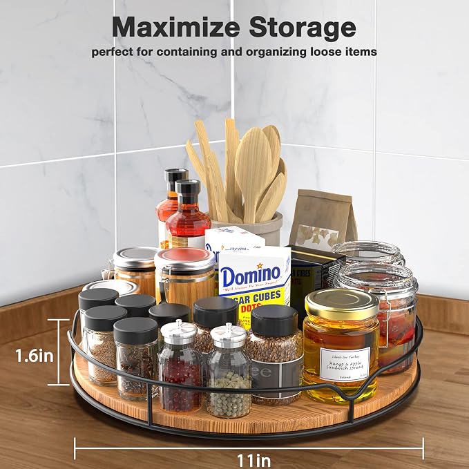 Lazy Susan Turntable Organizer for Cabinet Pantry Kitchen Countertop Refrigerator Cupboard, Pine Wood (Carbonized Black, 12“) - Image 4