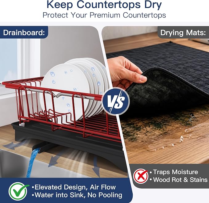 JASIWAY Red Dish Drying Rack in Sink with Drainboard and Utensil Holder | Use Over the Sink or Counter, Stainless Steel Expandable Dish Drainer for Small Kitchen, Space Saving, Fast Drain, Rustproof - Image 4