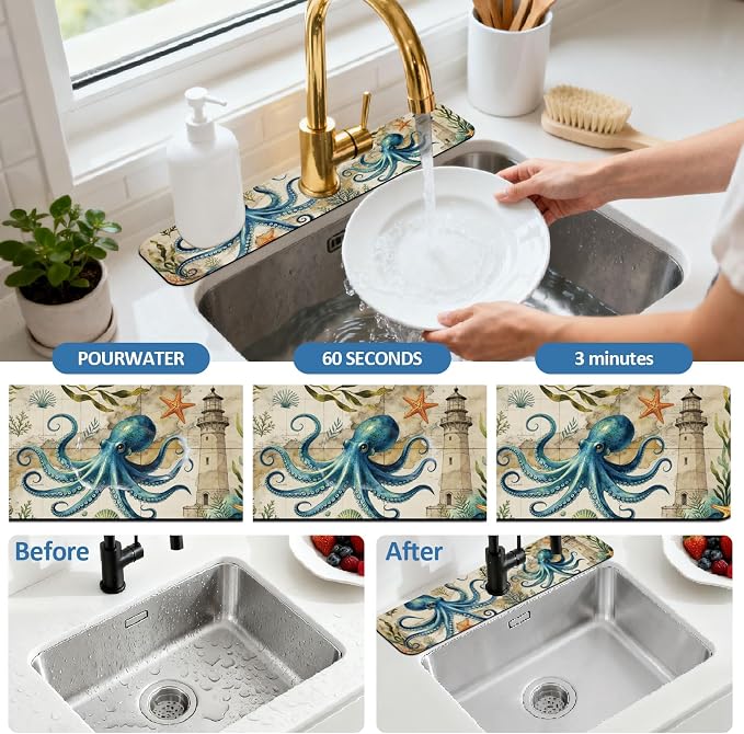 2 Pcs Kitchen Sink Splash Guard Faucet Mat Retro Ocean Octopus Pattern Faucet Mat for Sinks Flower Absorbing Drying Mats for Kitchen Bathroom - Image 5