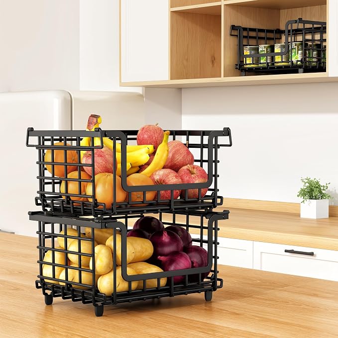 2 Pack Stackable Metal Wire Vegetable Fruit Basket for Kitchen Counter Cabinet, Pantry Organizers and Storage Basket, Food Can Snack Onion Potato Bread Storage Shelf Freezer Organizer Bins Containers - Image 8