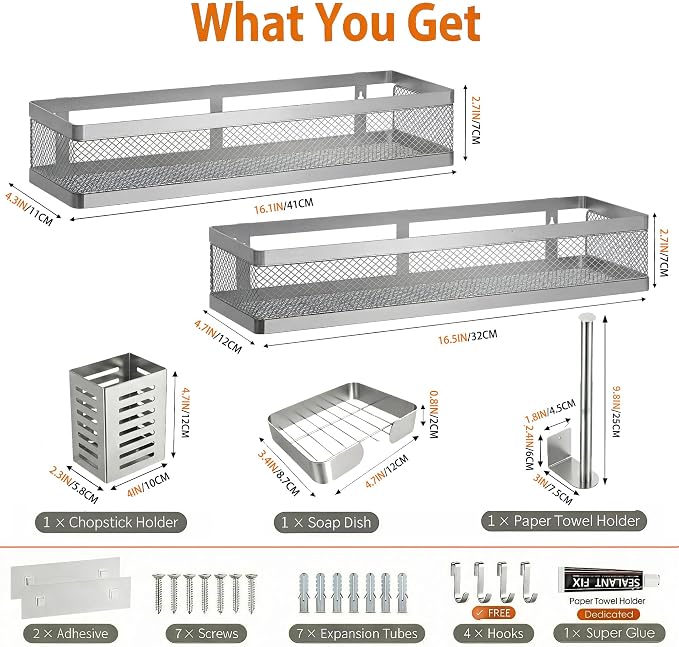 PUSDON 5-in-1 16.5" Extra Long Slim Wall Mount Wrapped Mesh Kitchen Organizer & Shower Caddy Kit, with Paper Towel Holder, Utensil Holder, Soap Dish, Holds 50LBS - Silver Gray, Netting - Image 2