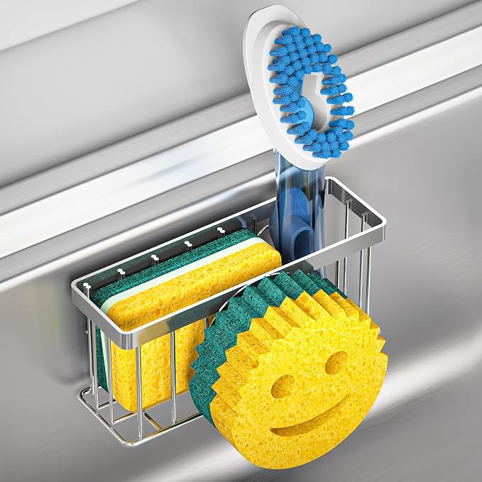 MURLONG Sponge Holder Smiley Face,Sink Caddy for Kitchen Sink,Sponge Holder with 2 PCS Suction Cups/1 PCS Adhesive Strips,Designed for Sponge,Soap,Dish Brush,Scrubber-Silver by MURLONG