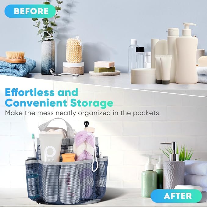 EUDELE Mesh Shower Caddy Portable for College Dorm Room Essentials,Portable Shower Caddy Dorm with 9-Pocket Large Capacity, Shower Bag for Beach, Swimming, Gym, Travel essentials, Navy Blue-Grey - Image 8