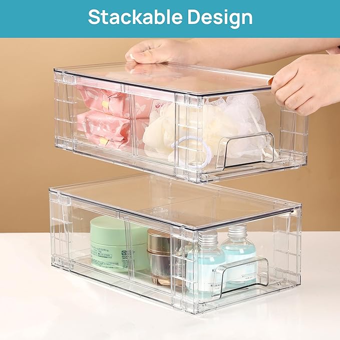Vtopmart 6 Pack Stackable Storage Drawers,Clear Acrylic Drawer Organizers with Handles, Easily Assemble Containers for Fridge, Bathroom,Kitchen Undersink,Cabinet,Pantry Organization and Storage | Clear Drawer Organizers with Removable Dividers for Flex... - Image 4