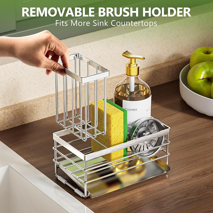 Cisily Sink Caddy Sponge Holder for Kitchen with Brush Holder and Stainless Steel Self Drain Tray, Rustproof Kitchen Sink Organizer for Sponge, Soap Dispenser Storage Accessories - Image 6