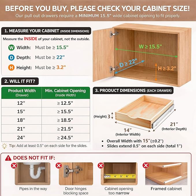 Sintuff 1 Pack Wooden Pull out Tray Cabinet Organizer Gentle Close Roll out Shelves for Kitchen Cabinets Fully Assembled Slide Pantry Shelves (15'' X 21'') - Image 2