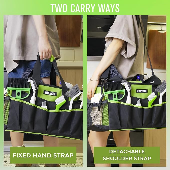 SCAVATA Wearable Cleaning Caddy Bag, Cleaning Caddy Supplies Organizer with Handle & Shoulder Straps for Housekeepers, Under Sink & Car Cleaning Tool Organizers with 4 Foldable Divider (NeonGreen) - Image 6