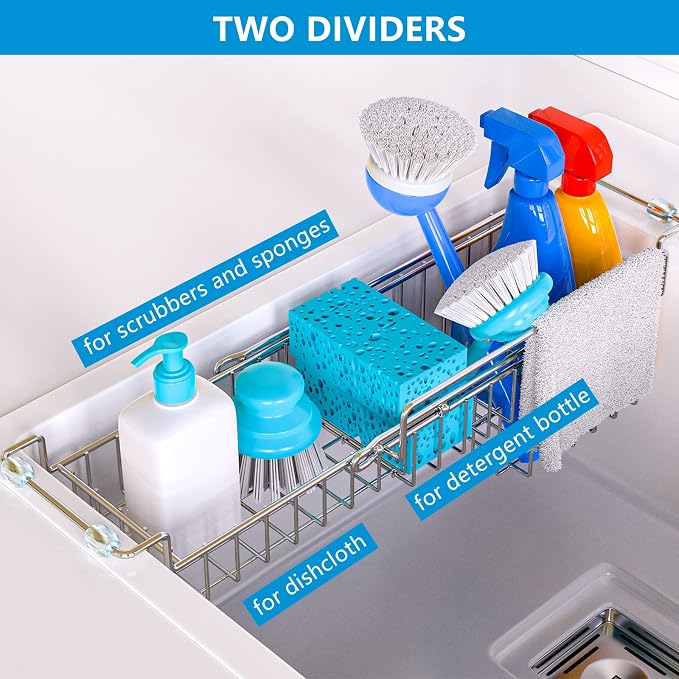 Dish Stands, Over The Kitchen Sink Caddy Sponge Holder Organizer Drying Rack Expandable for Sponge Brush Soap Dish Cloth Rag Smaller 12.25" to 17.25", Stainless Steel - Image 7