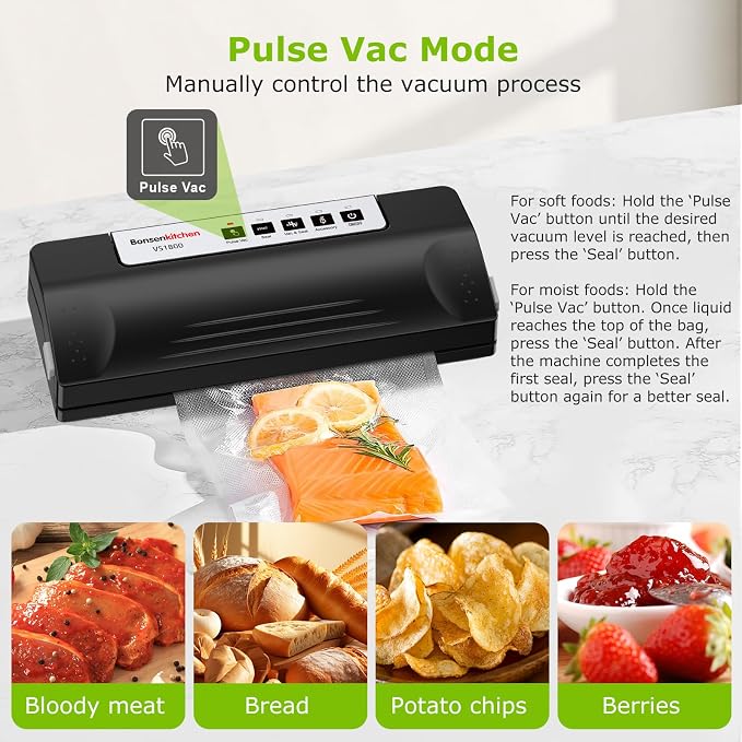 Bonsenkitchen Vacuum Sealer Machine for Food Storage,Black-Silver | Multi-Functional Food Sealer, 65kPa Suction, External Vacuum System , Compact Design with 5 Vacuum Bags - Image 4