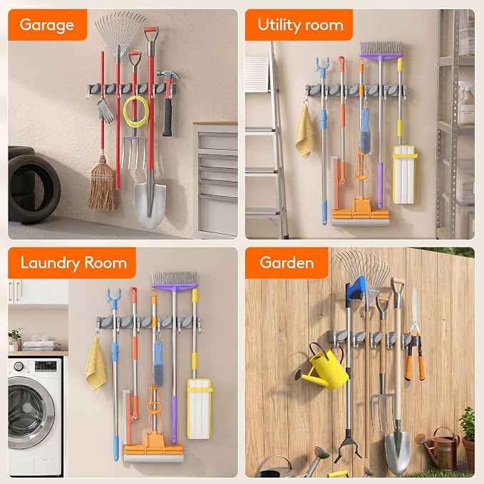 Lifewit Mop and Broom Holder Organzier Wall Mount Non-Slip, 1 Pack, Gray | Easy Install One Handed Push Cleaning Tool Hanger with 6 Hooks 5 Slots, Heavy Duty Hanging Utility Rack for Garden, Garage - Image 9