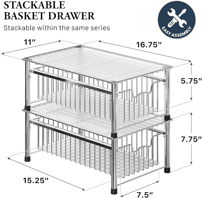 Simple Houseware Stackable Basket Drawer, Chrome (Pack of 10) - Image 2