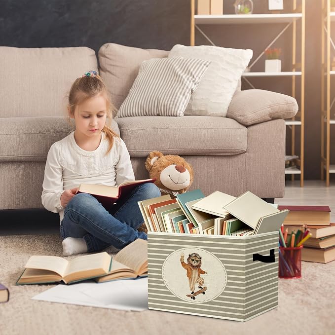 Rustic Lion Skateboarding Storage Bins Boxes with Handles | toys books clothes, grey striped nursery foldable basket for organizing bedroom toddler room playroom - Image 5