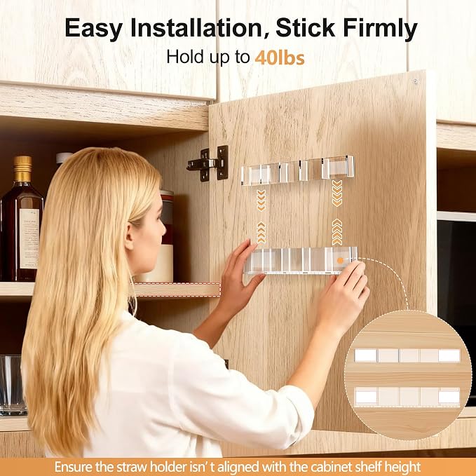 9.5” Large Acrylic Straw Holder for Cabinet Door, Adjustable Two-Part | Reusable Straws Organizer with Ultra Sticky Adhesive Strips, 2026 Straw Storage for Kitchen Cupboard (Transparent) - Image 7