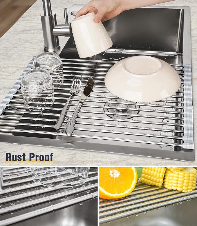 Tomorotec Roll Up Dish Drying Rack Over Sink, 304 Steel, 17.7x12.5, Marble | Anti-Slip Silicone Rims For Grip, Heat-Resistant Trivet Mat Holding Heavy Cookware, Rustproof Kitchen Counter Space Saver - Image 2