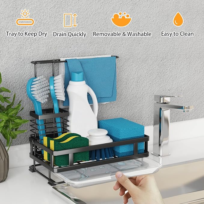 Kitchen Sink Organizer with Brush Rack - Sink Caddy with Drain-Pan | Stainless Steel Sponge Holder for Kitchen Sink with Towel Rack, Organizer for Dish Soap Dispenser, 10.5"L × 5.9"W × 10.5"H - Image 7