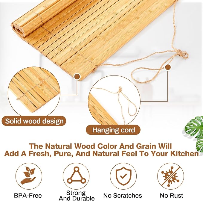 Wooden Dish Drying Rack, 17.8 x 16 Inch Roll up Kitchen Over Sink Dish Drying Rack for Dishes, Plates, Bowls, Wooden Cover Counter Space, Crack Resistant Drainer, Kitchen Supplies(Natural) - Image 3