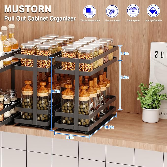Mustorn 4 Pack Pull Out Spice Rack Organizer for Cabinet, 2 Tier Metal Slide Out Seasoning Organizer and Storage Heavy Duty Vertical Spice Rack Shelf Pullout for Kitchen Cabinets No Drilling (Black) - Image 6